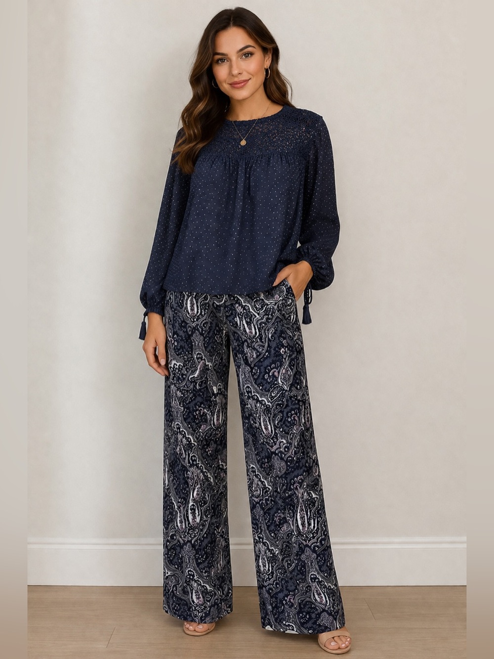 CLARA SUNWOO navy white and pink Paisley Wide-Leg Pants